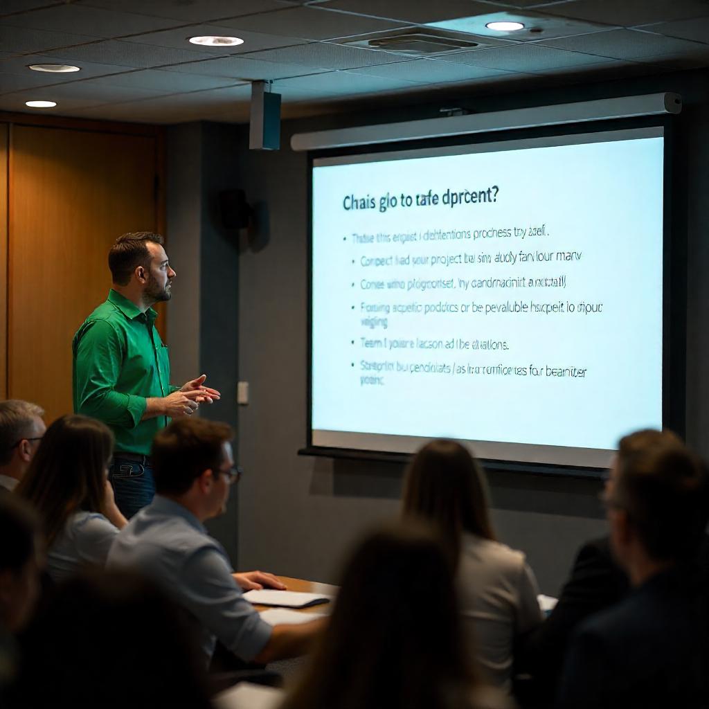 Mand præsenterer i mødelokale